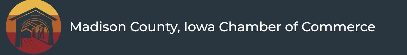Madison County, Iowa Chamber of Commerce logo on a dark banner with a red-yellow house icon