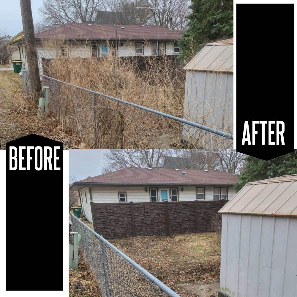 Before-and-after backyard fence cleanup beside a shed and house, with overgrown weeds removed.