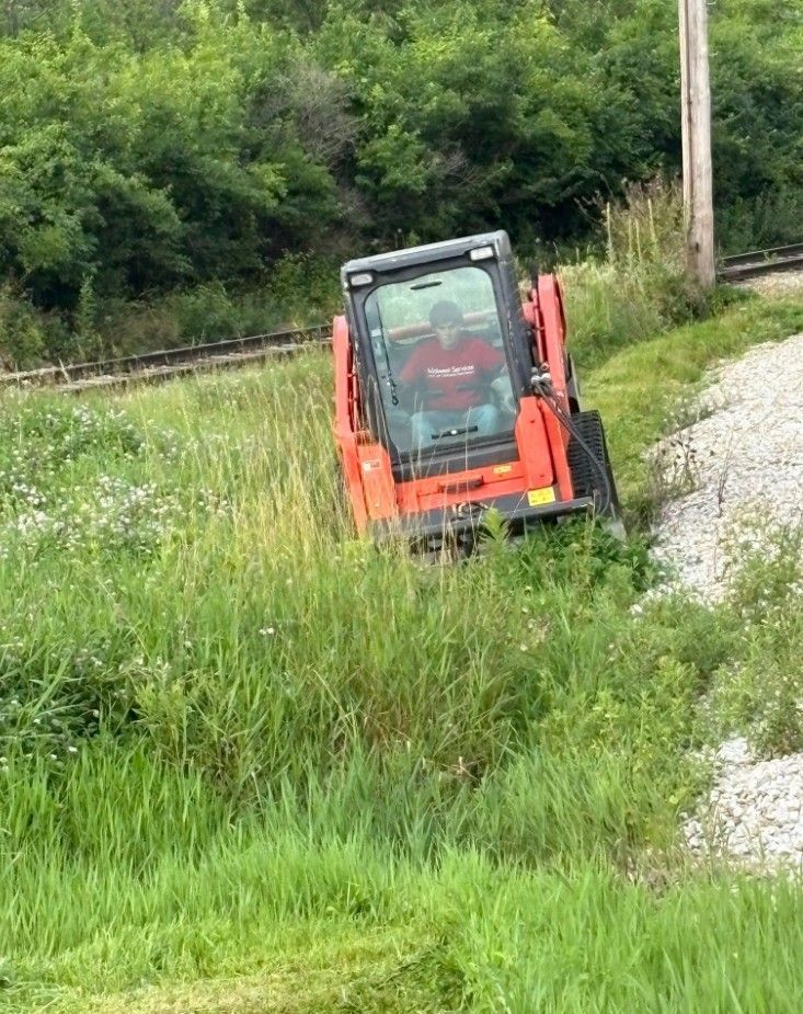 Orange compact loader on a grassy gravel path beside trees and utility poles