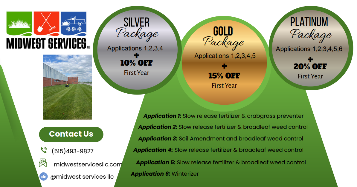 Midwest Services advertisement showing lawn care package tiers (Silver, Gold, Platinum) with contact details.