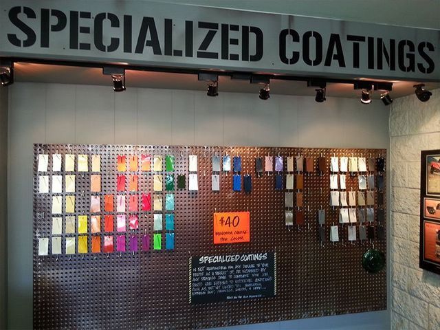 A specialized coatings sign hangs above a wall