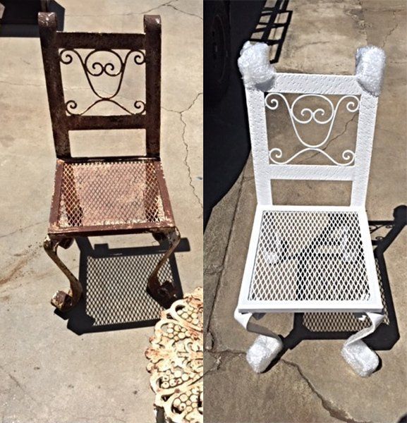 A before and after picture of a chair with wheels