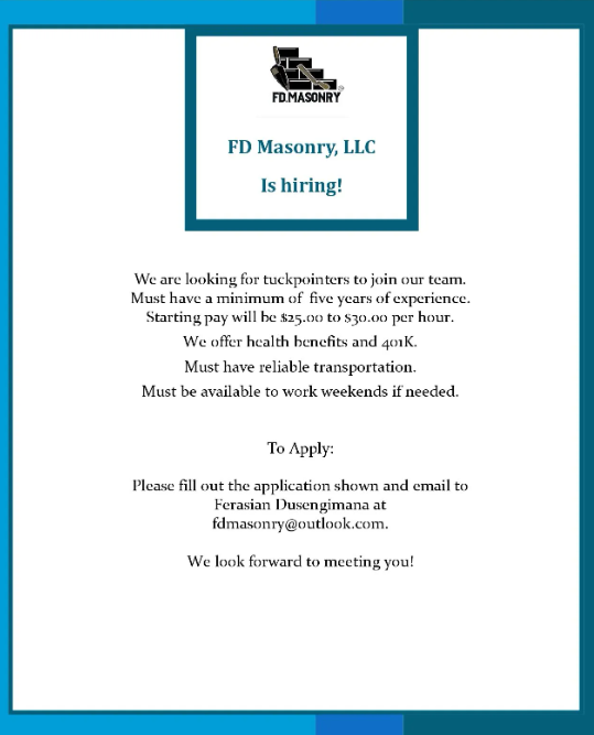 FD Masoury, LLC hiring flyer with blue border and teal logo, listing laborer, driver's helper, and forklift operator jobs