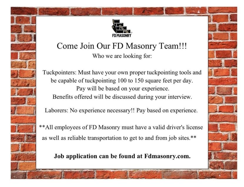 Brick-wall flyer recruiting for FD Masonry team, listing technicians and laborers needed, with contact info.