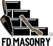 FD Masonry logo with trowel and masonry tools over black brick wall