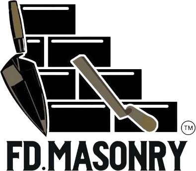 FD Masonry logo with trowel and masonry tools over black brick wall