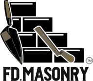 FD Masonry logo with trowel and masonry tools over black brick wall