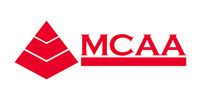 Red MCAA logo with stylized stacked triangle emblem and bold red text underline