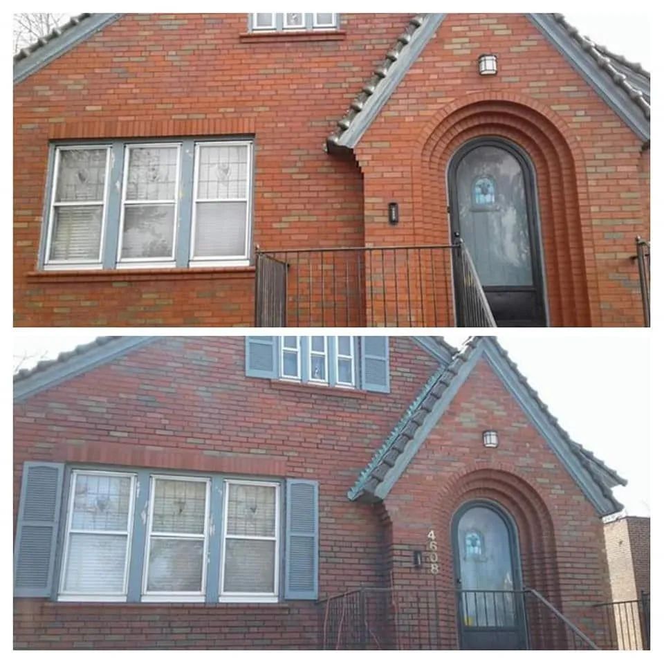 Two views of a red brick house exterior with windows and an arched front door entry