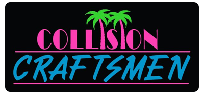 Logo with the words "COLLISION CRAFTSMEN" in pink and blue, palm trees, on a black background.