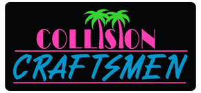 Logo with the words "COLLISION CRAFTSMEN" in pink and blue, palm trees, on a black background.