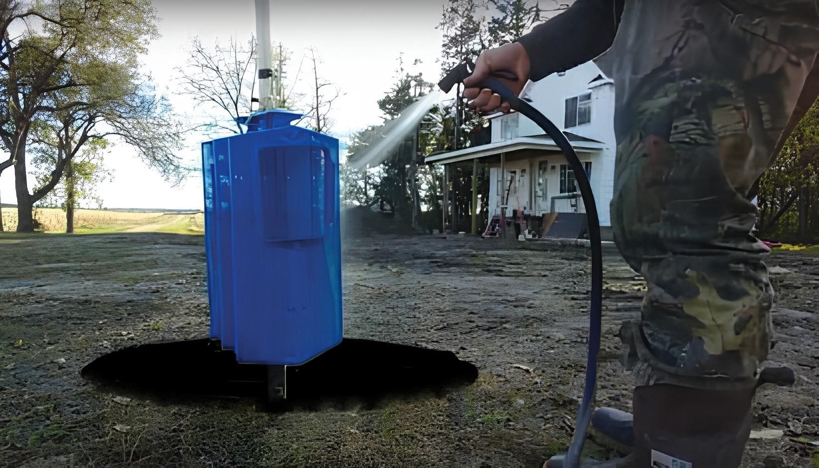 A person is spraying a blue barrel with a hose.