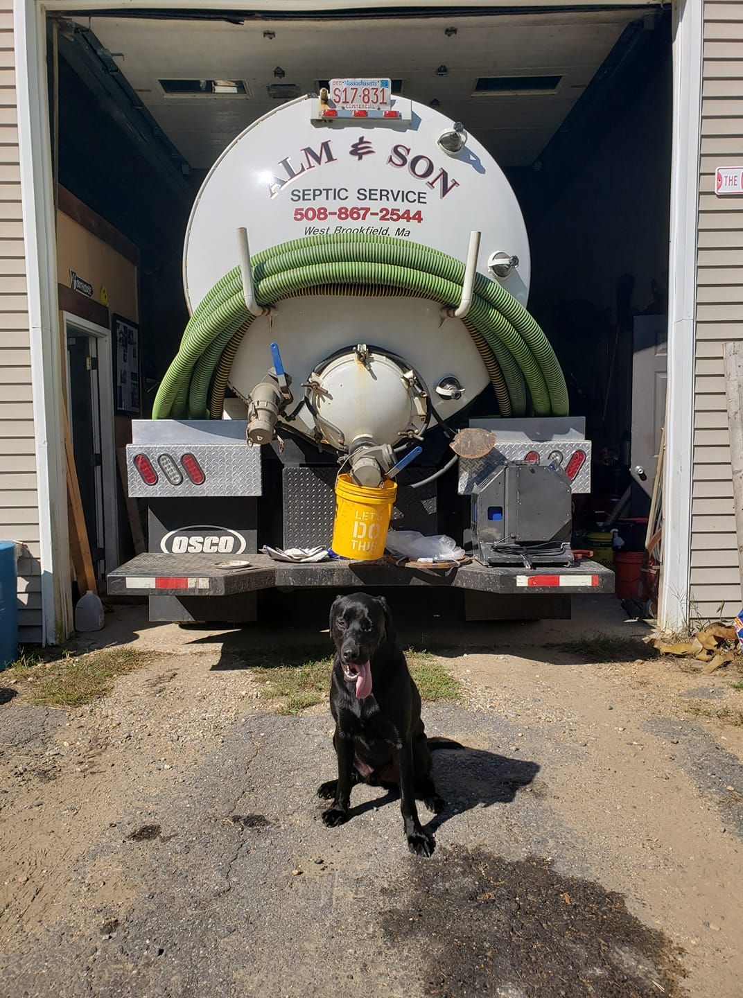 A black dog is standing in front of a septic tank.