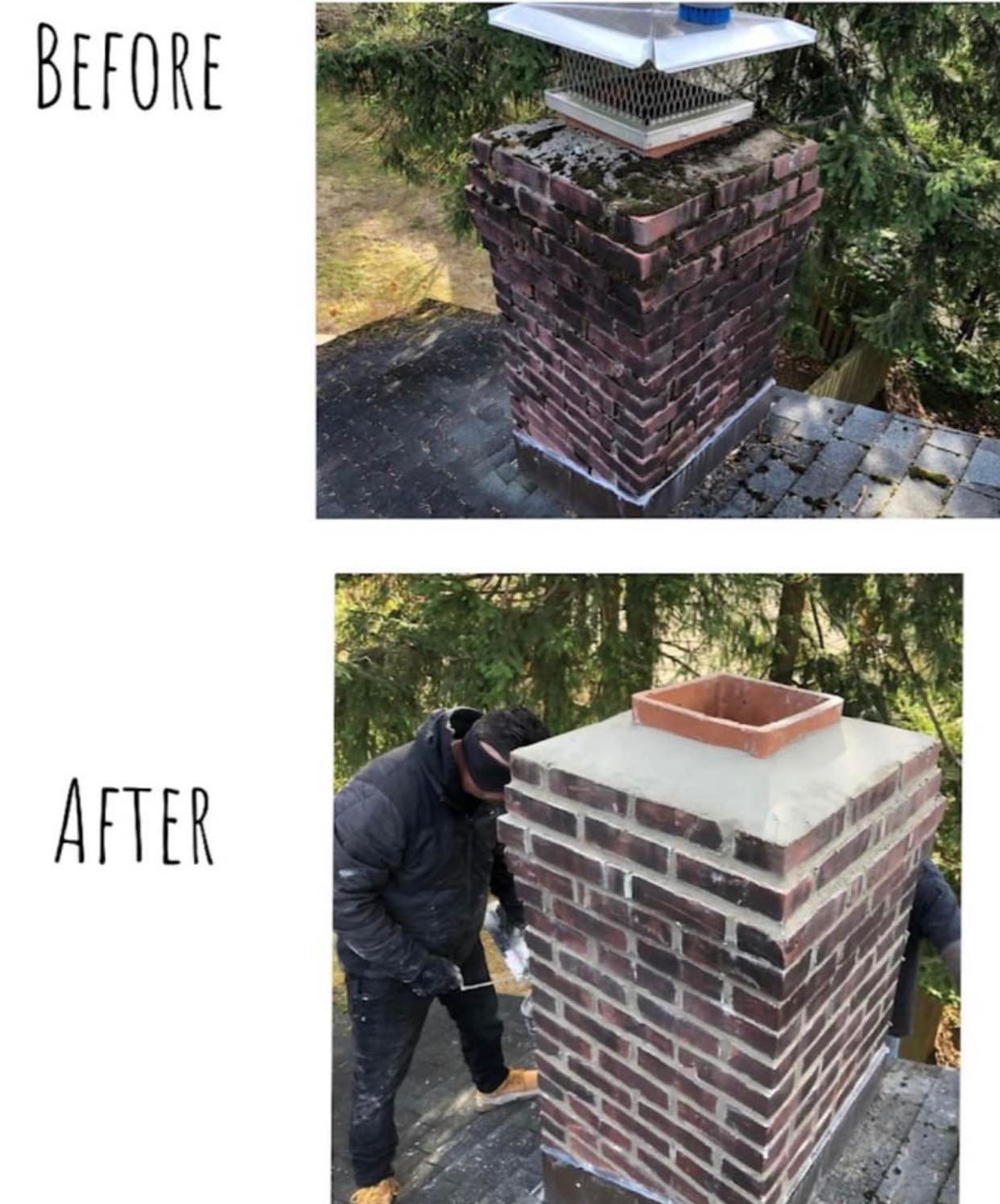 Exterior chimney with bricks build in progress before and after repair