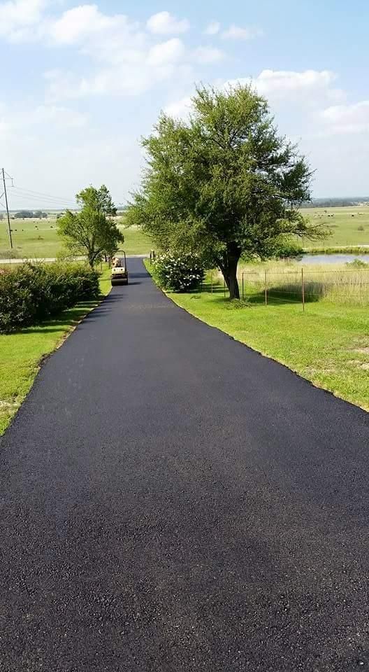 Paved path through a green field with trees under a clear blue sky