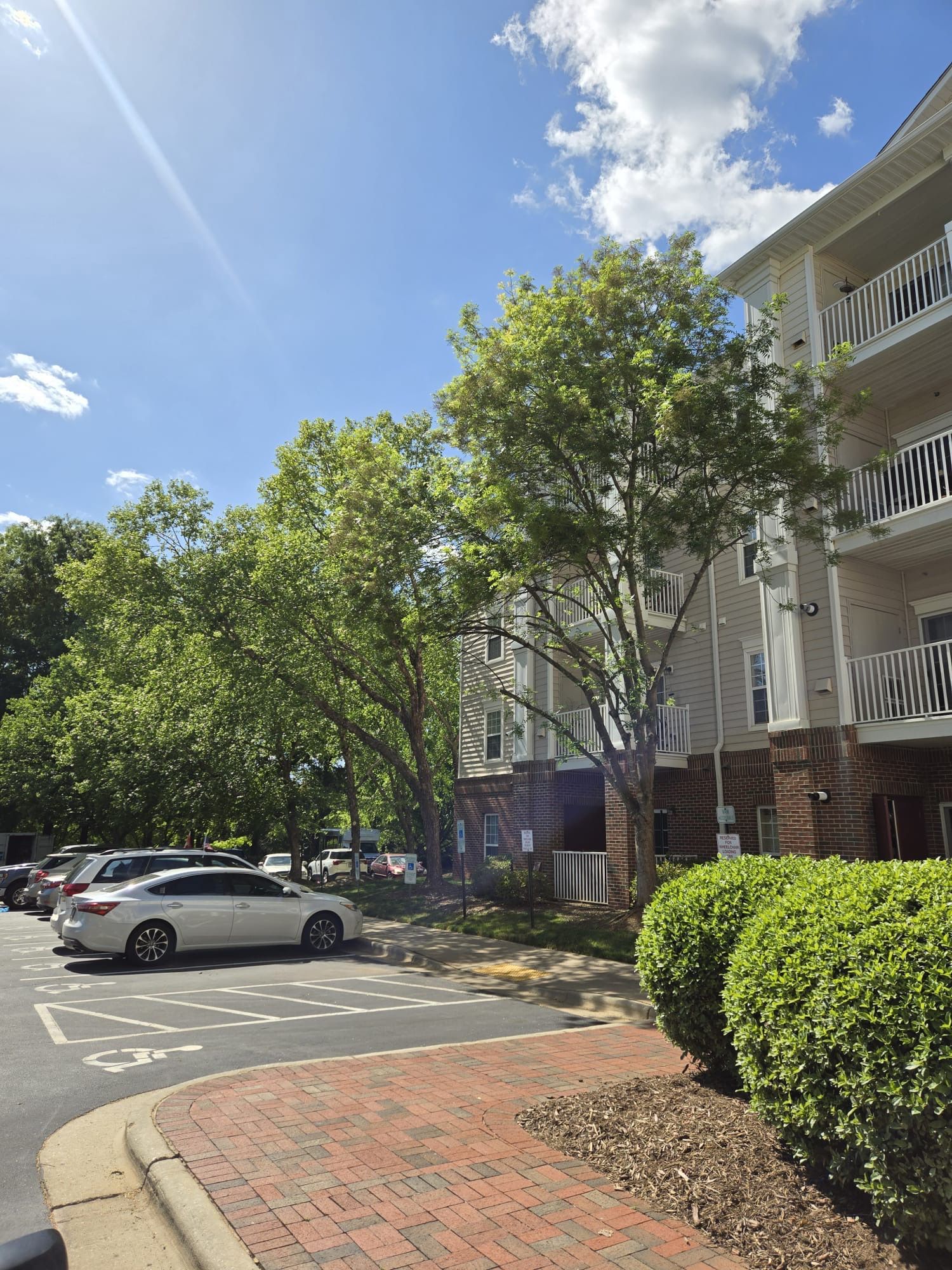 A white car is parked in front of a building on a sunny day.