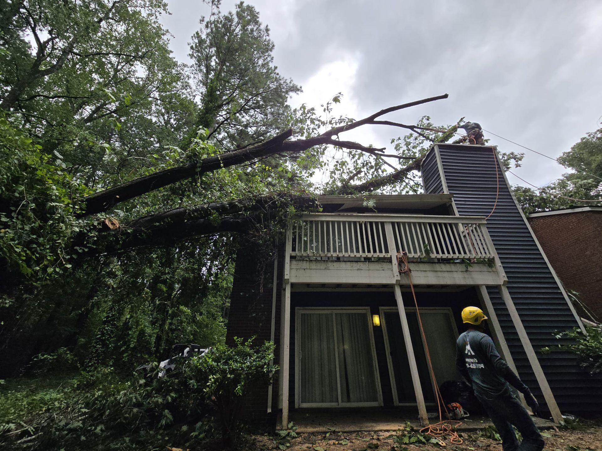A man is standing in front of a house with a tree fallen on it.