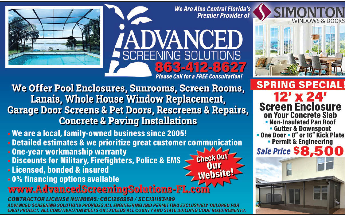 Advertisement for Advanced Screening Solutions, featuring pool enclosures, services, and a $8,500 screen enclosure special.