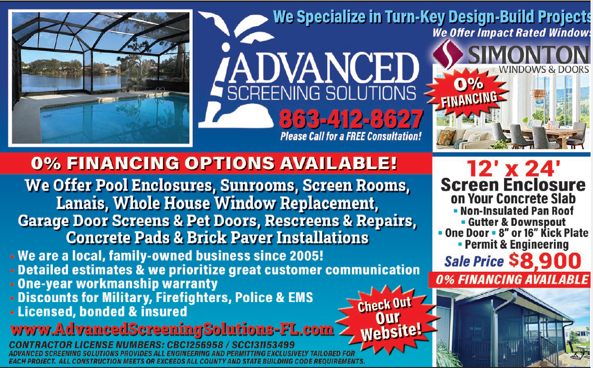 Blue-and-white Adva Advanced vinyl siding ad for storm windows, gutters, awnings and repairs, with house photos and pricing