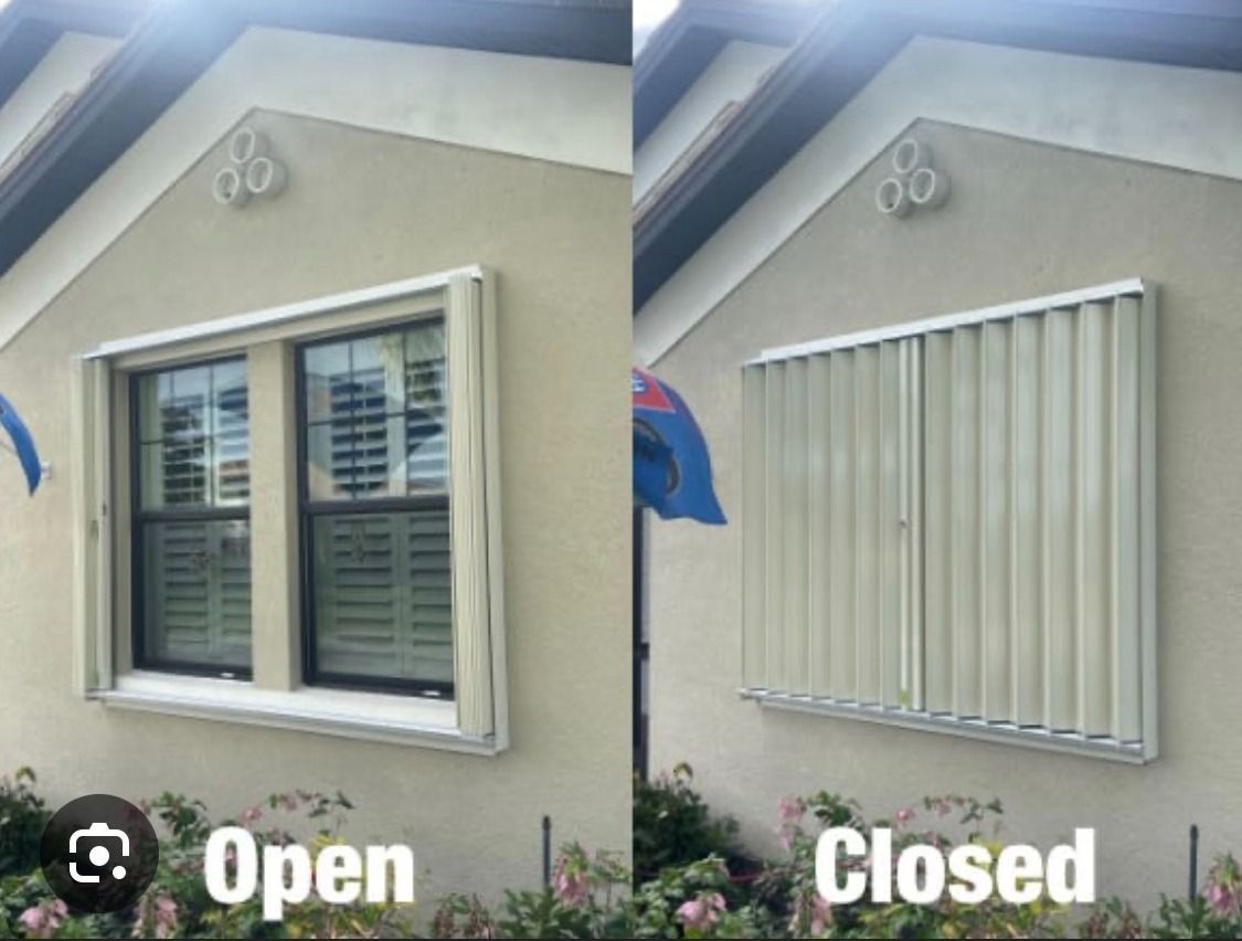 House window with accordion shutters when it is open and closed