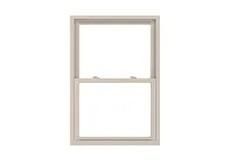Double-hung window, white frame, two panes, closed.