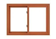 Brown wooden sliding window, two panes of clear glass, closed.