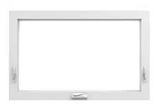 White rectangular awning window, handles on the sides, and a latch at the bottom.
