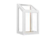 White, angled window frame with glass panes.