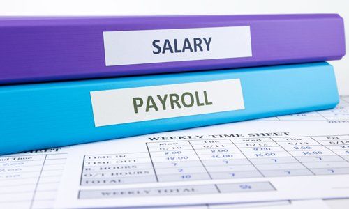 A stack of binders labeled salary and payroll