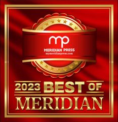 a red and gold sign that says 2023 best of meridian