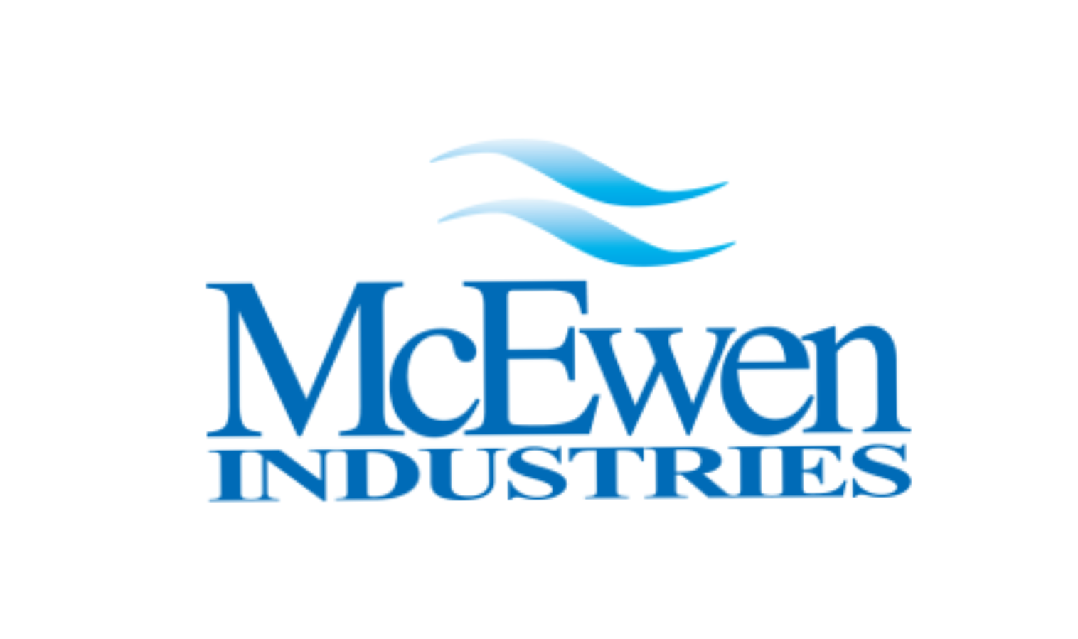 Logo for McEwen Industries: Blue text on white background with stylized blue waves above.