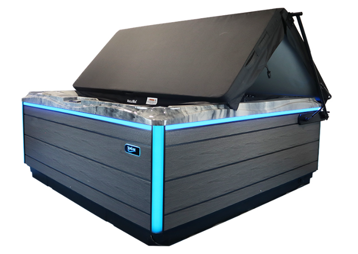 Portable hot tub with black cover and blue LED trim on a white background