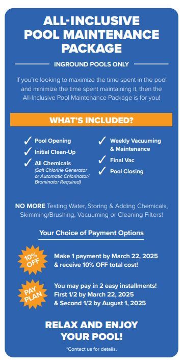 An advertisement for an All-Inclusive Pool Maintenance Package for inground pools, listing services and payment options.