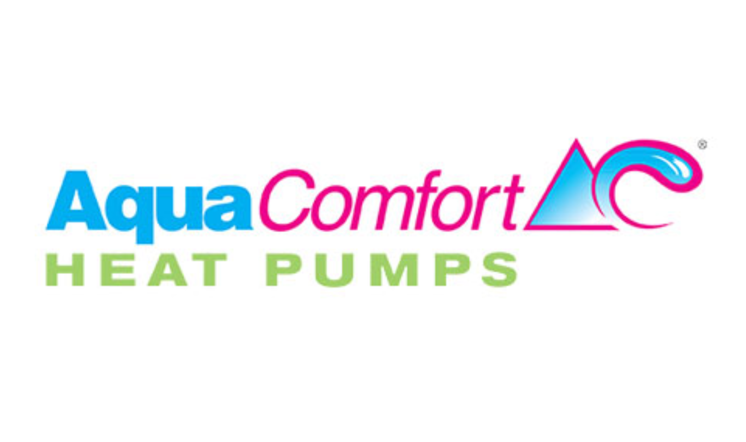 AquaComfort heat pump logo: blue and pink text with a water droplet graphic.