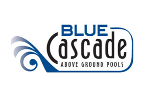 Logo for Blue Cascade Above Ground Pools featuring blue text and a stylized blue water wave design.