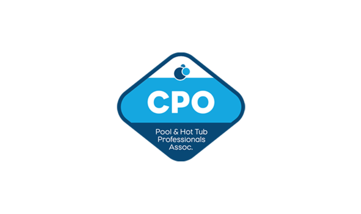 CPO Pool & Hot Tub Professionals Assoc. logo: blue & white diamond-shaped badge with 