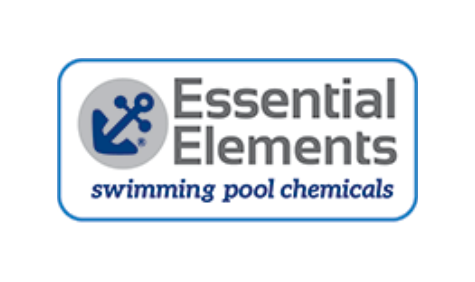 Logo for Essential Elements swimming pool chemicals: blue anchor on gray circle, text on white background, blue border.