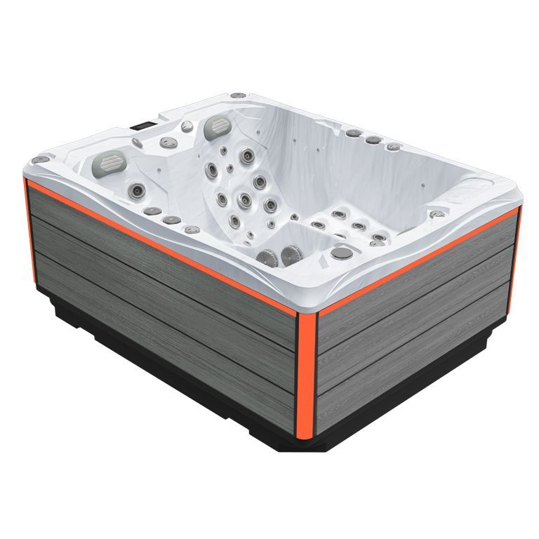 Modern gray and white hot tub with orange accent trim, shown on a white background