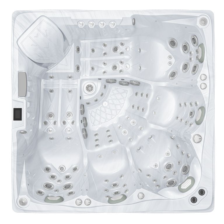 White corner hot tub with multiple jets, seats, and controls, viewed from above