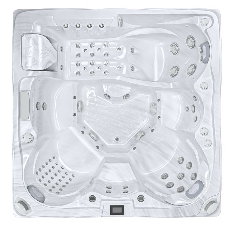 White square hot tub with multiple seats, jets, and built-in controls, viewed from above.