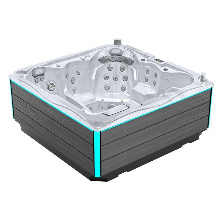 Square gray outdoor hot tub with glowing blue trim and multiple jets
