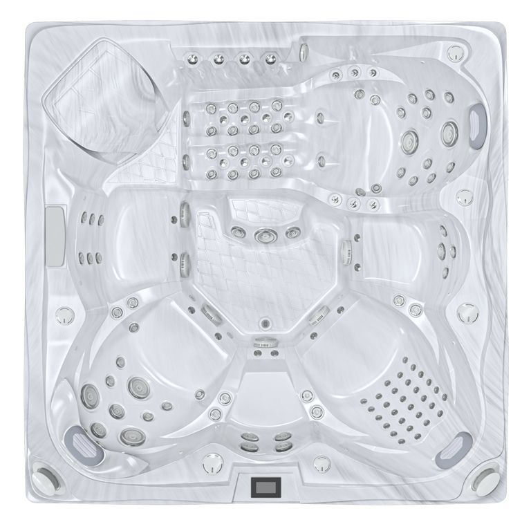 White square hot tub with multiple massage jets and seats, viewed from above