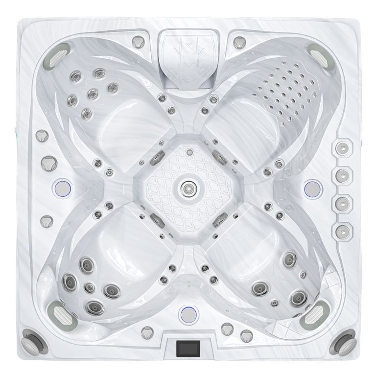 White square hot tub with four rounded lounge seats and built-in jets, viewed from above