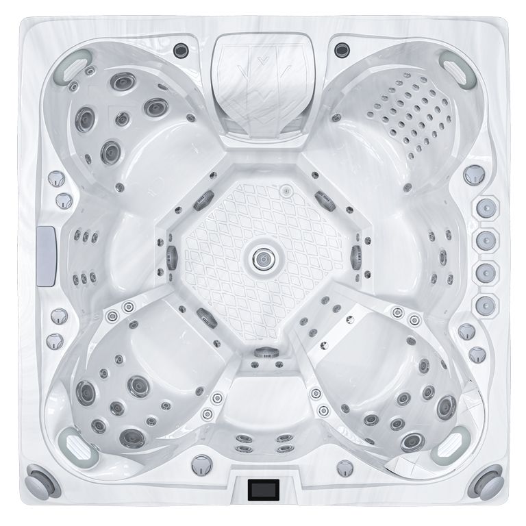 Top-down view of a white square hot tub with multiple molded seats and jets