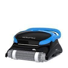 A black and blue Dolphin Nautilus CC Plus robotic pool cleaner on a white background.