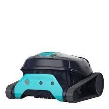 A dark blue and teal robotic pool cleaner with treaded wheels, viewed from a slight angle on a white background.