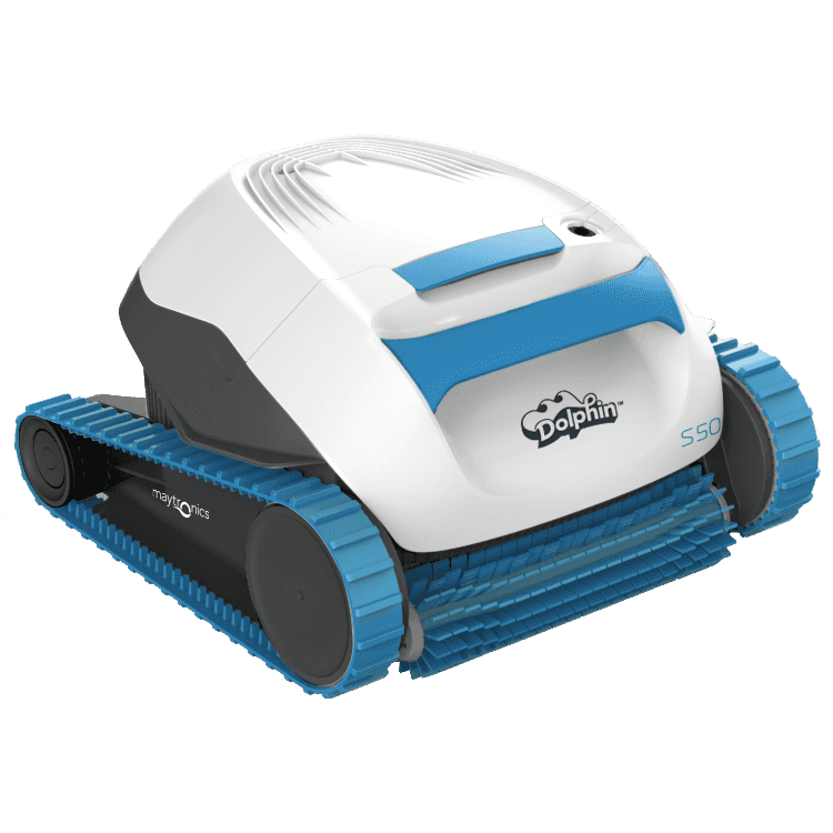 White and blue Dolphin S50 robotic pool cleaner with blue tracks and a front scrubbing brush.