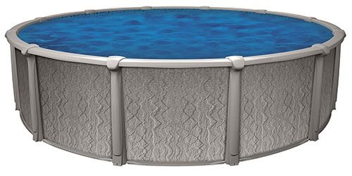 A round, above-ground swimming pool with a textured gray exterior wall and light gray frame, filled with blue water.