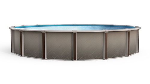 A round, above-ground swimming pool with tan walls, dark brown support struts, and a blue pool liner.