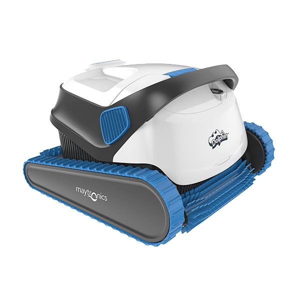 A white and black Maytronics Dolphin robotic pool cleaner with blue tank-style treads on a plain background.